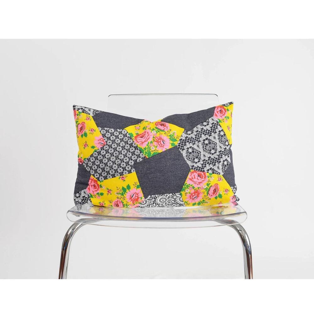 Vintage 70s Patchwork Lumbar Pillow Retro Floral Lace & Denim Boho Print